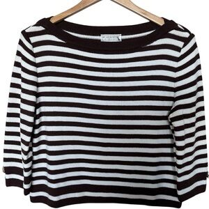 ST. JOHN SPORT Brown+White Striped Boatneck Knit Sweater 3/4 Sleeves Small